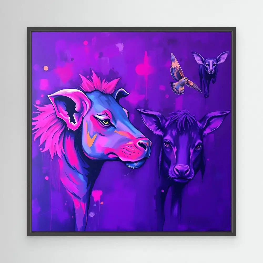 Artistic portrait of a blue-pink lion and purple cow with a butterfly in neon colors.