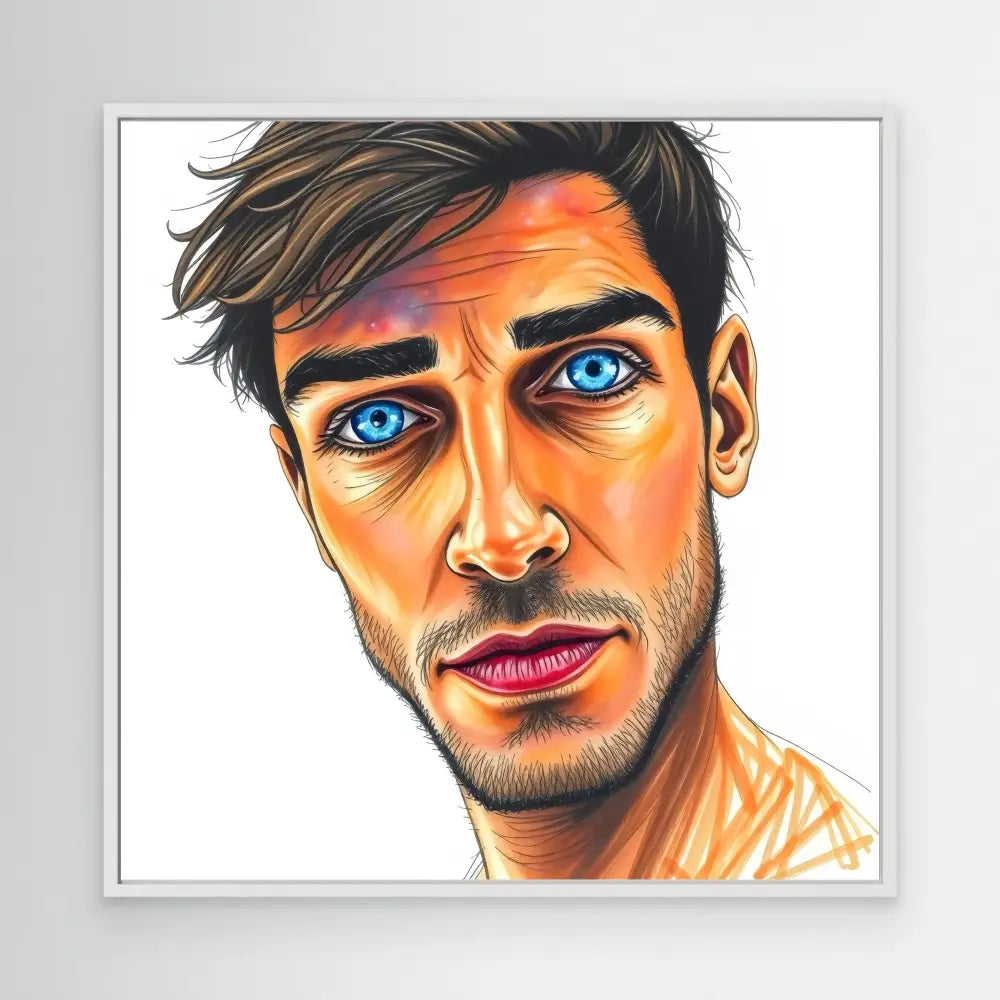 Artistic portrait drawing featuring striking bright blue eyes and warm-toned skin rendered in colored pencil or markers.