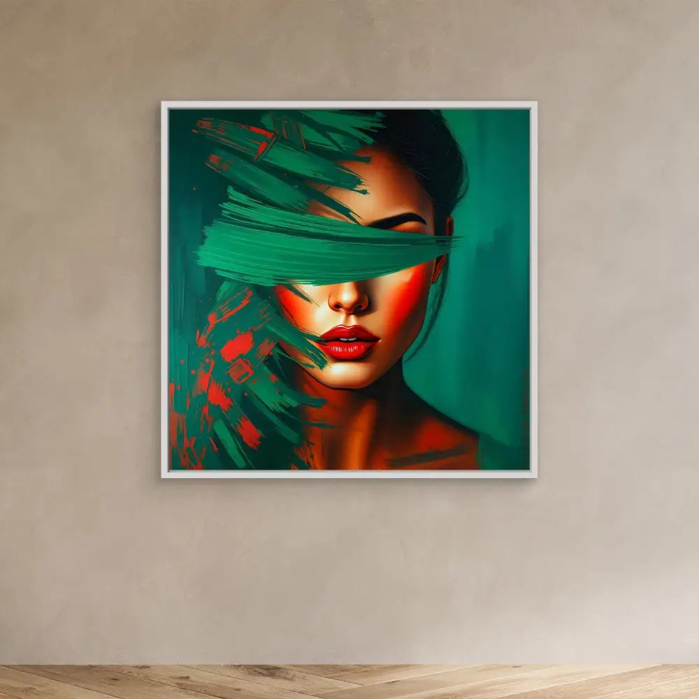 Artistic portrait featuring bright red lips partially obscured by green palm fronds against a teal backdrop.