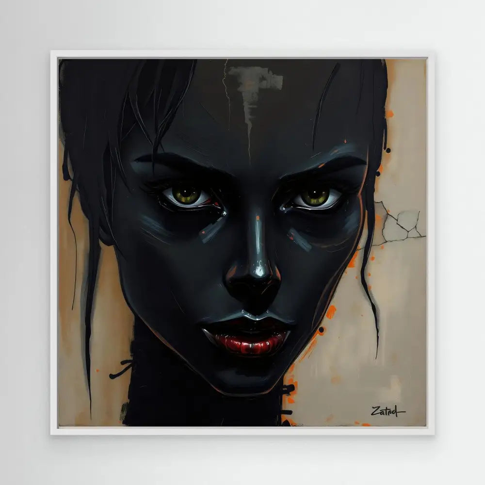 Striking artistic portrait featuring dramatic black face paint, intense eyes, and red lips.