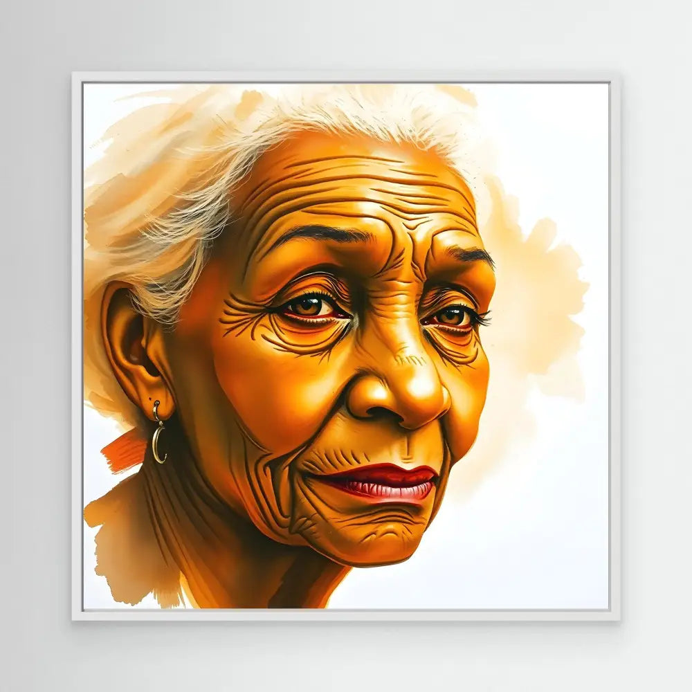 Artistic portrait of an elderly woman with warm golden-orange tones and expressive facial features.