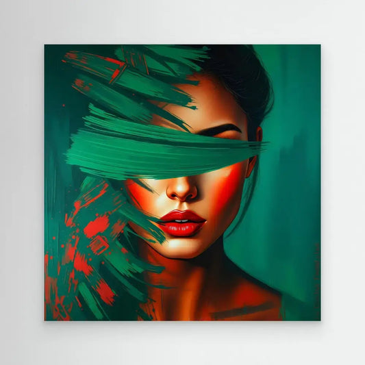 Artistic portrait with emerald green brushstrokes obscuring the eyes while vibrant red lighting creates dramatic shadows.