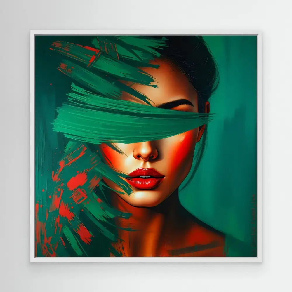 Artistic portrait with emerald green brushstrokes obscuring the eyes while vibrant red lips stand out against warm-toned skin.