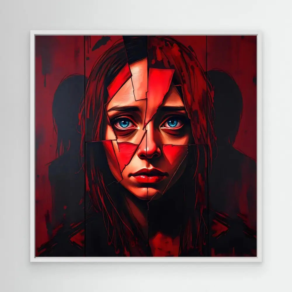 Artistic portrait with geometric red fragments and striking blue eyes.