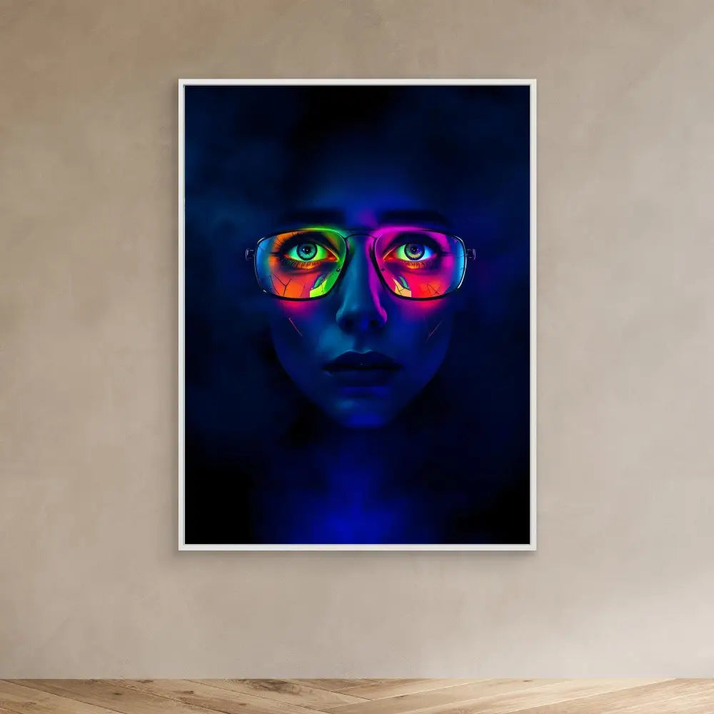 Artistic portrait with neon-colored glasses against blue-tinted skin.