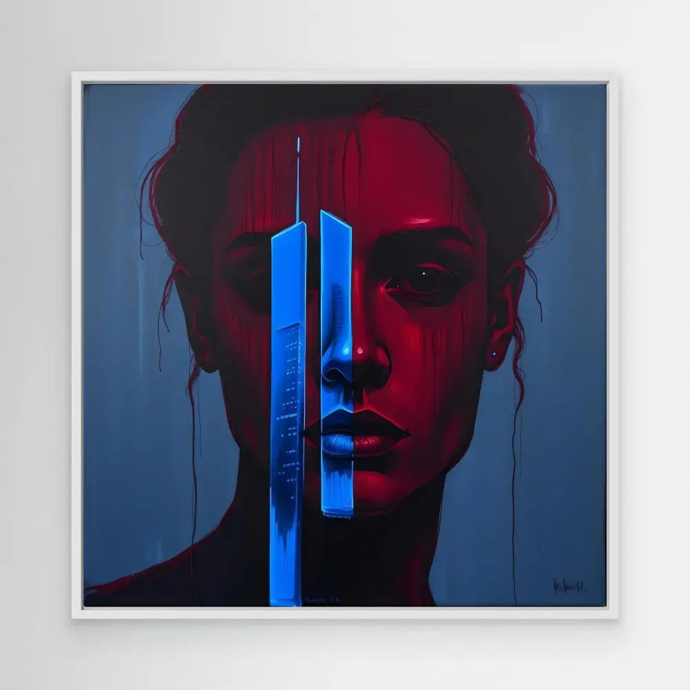 Artistic portrait overlaid with a blue silhouette of the Twin Towers against a red-tinted face.