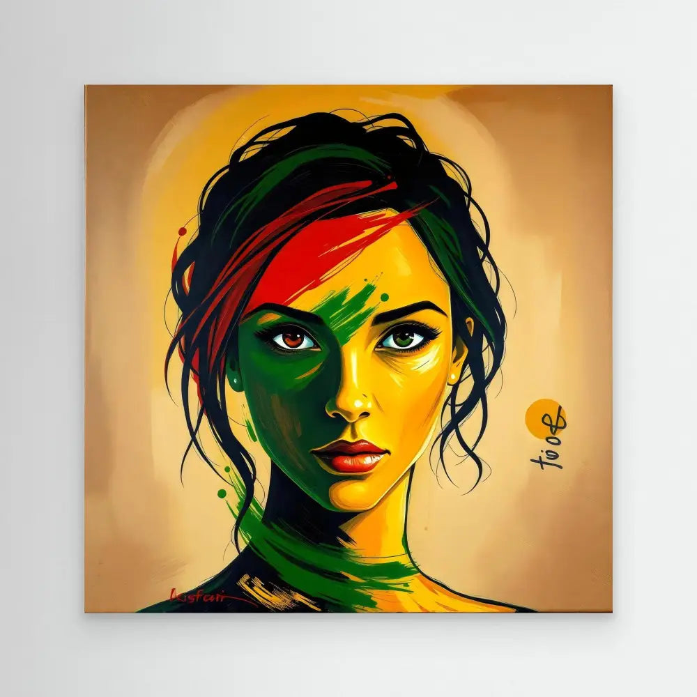 Artistic portrait painted in bold green, yellow and red tones with dark flowing hair.