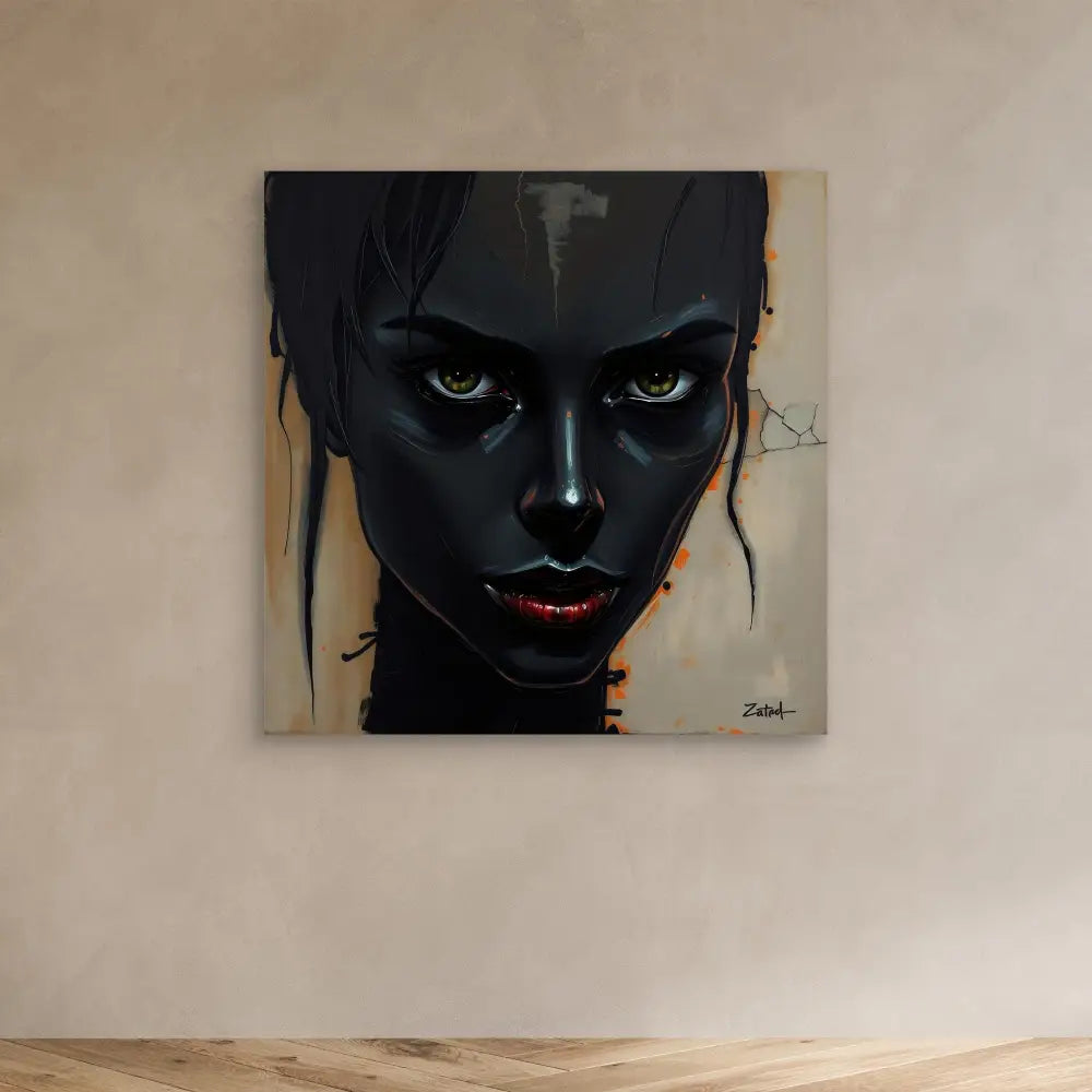 Striking artistic portrait painted in dark tones with bright red lips and intense eyes.