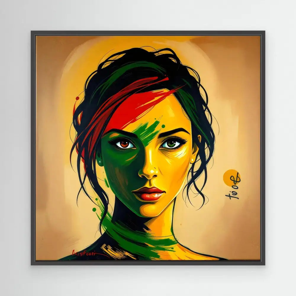 Artistic portrait painted in vibrant yellow, green and red tones with loose black hair.