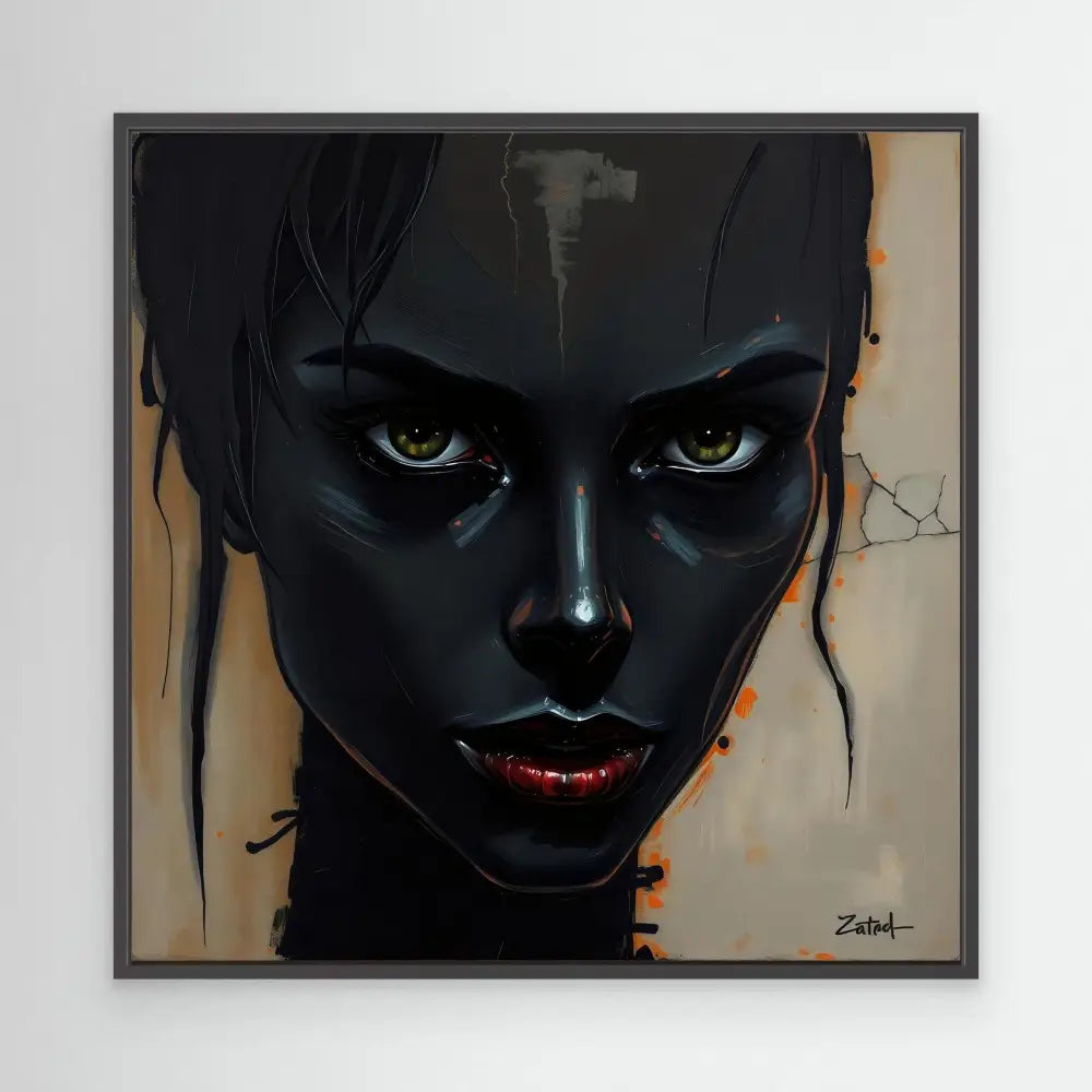 Artistic portrait painting featuring dramatic black face makeup with striking red lips and intense eyes.