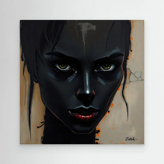 Artistic portrait painting featuring dramatic black face makeup with bright red lips and intense eyes.