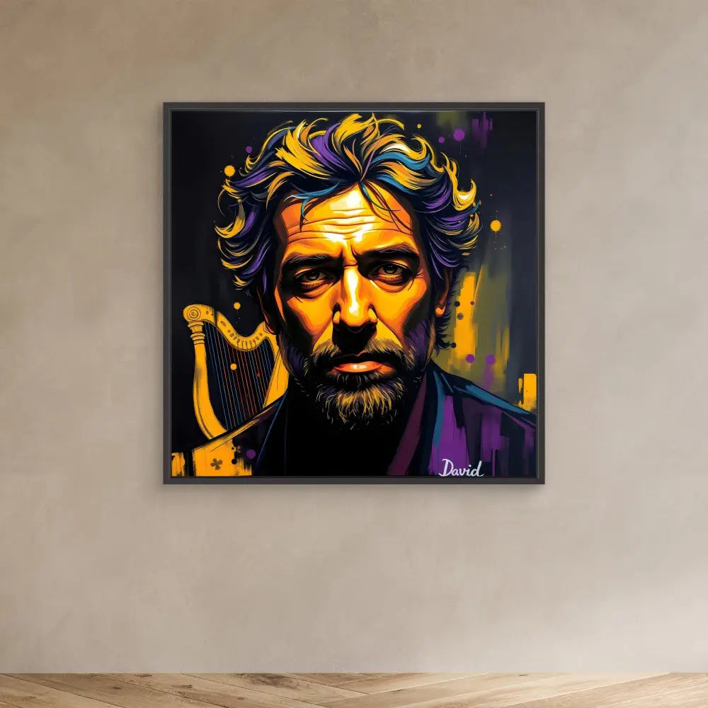 Artistic portrait painting featuring dramatic gold and purple colors with a harp symbol.