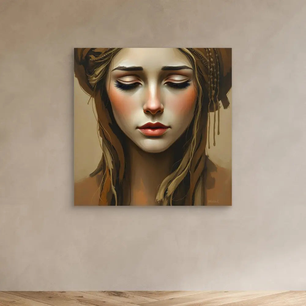 Artistic portrait painting featuring dramatic makeup and closed eyes in warm earth tones.