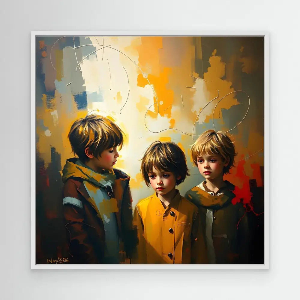 Artistic portrait painting of three young children in warm, moody colors.