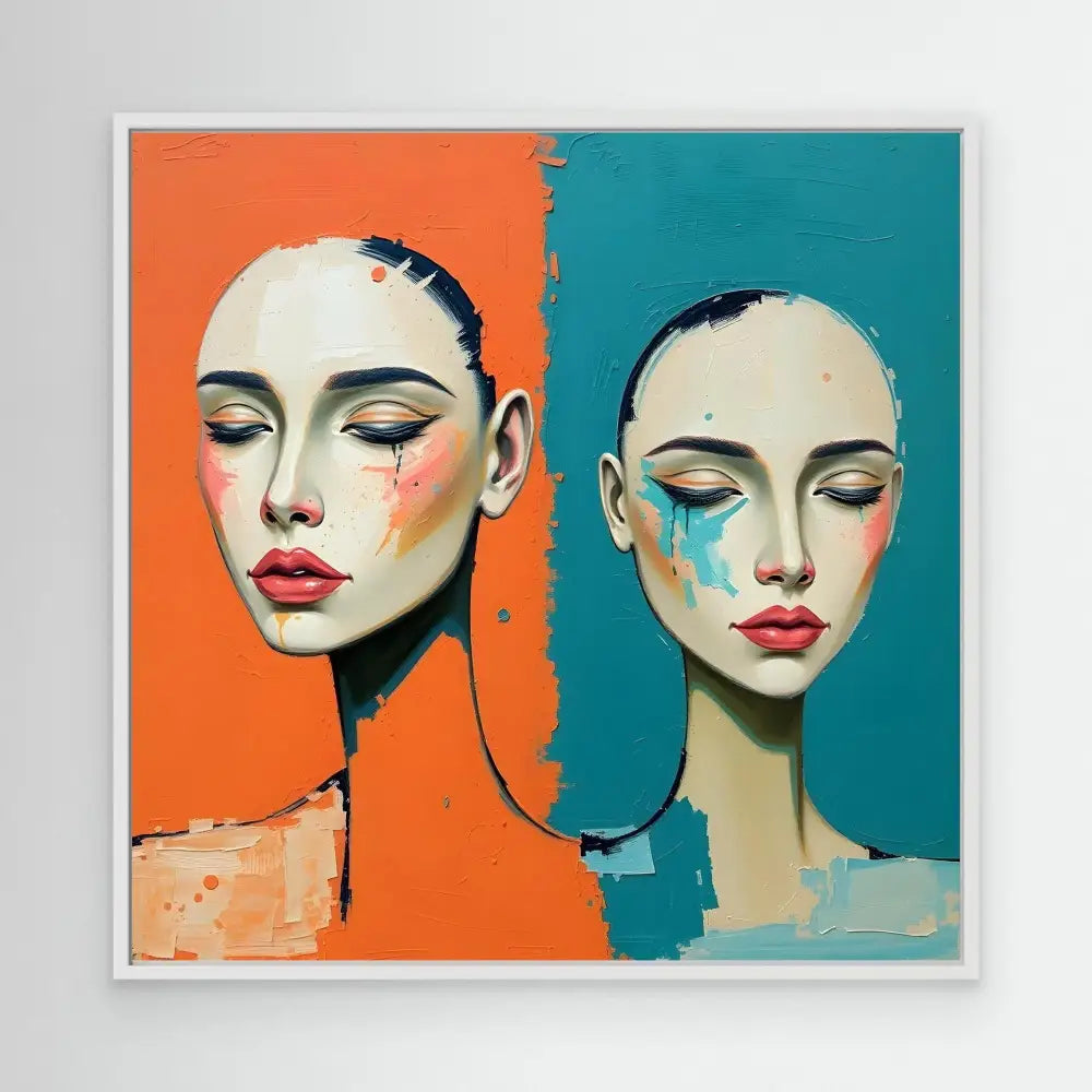 Artistic portrait painting showing two faces with closed eyes against contrasting orange and teal backgrounds.