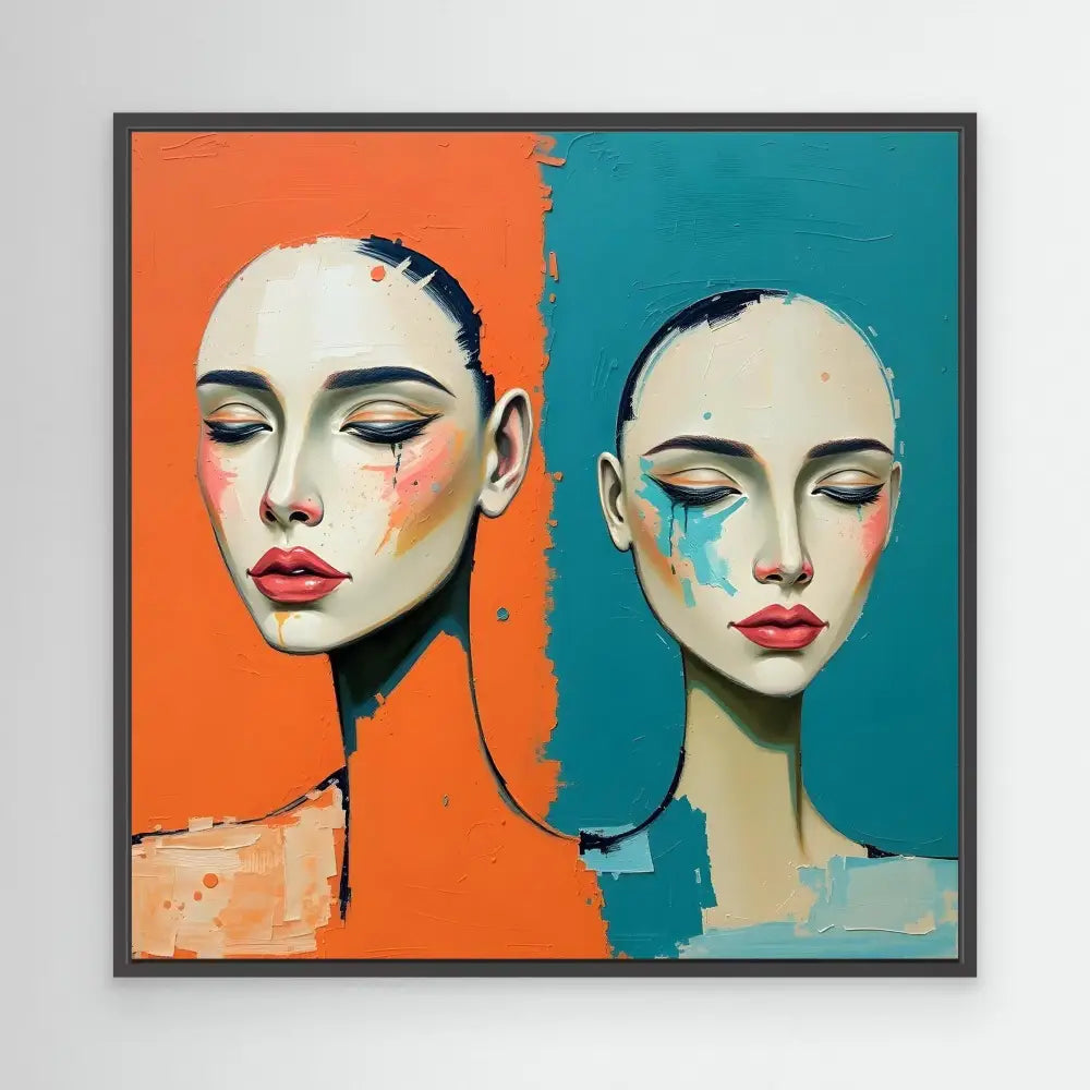 Artistic portrait painting of two faces with vibrant orange and teal backgrounds and colorful tear-like streaks.