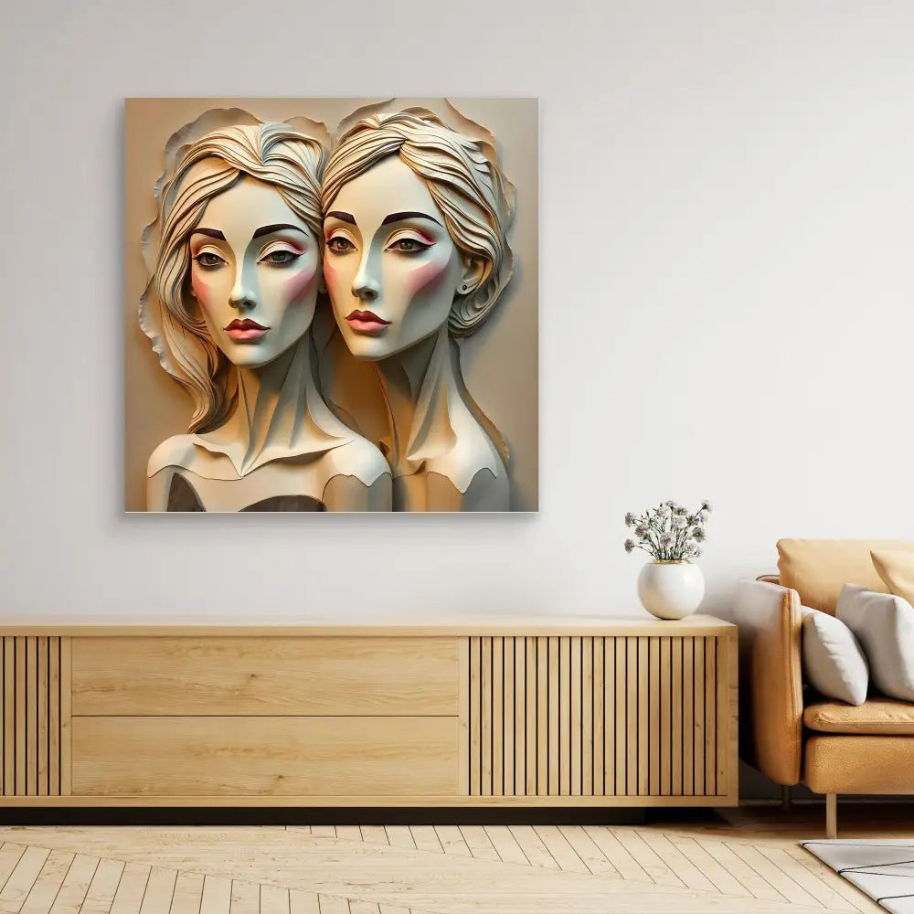 Artistic portrait painting of two identical figures with sculptural, ethereal features in muted tones.