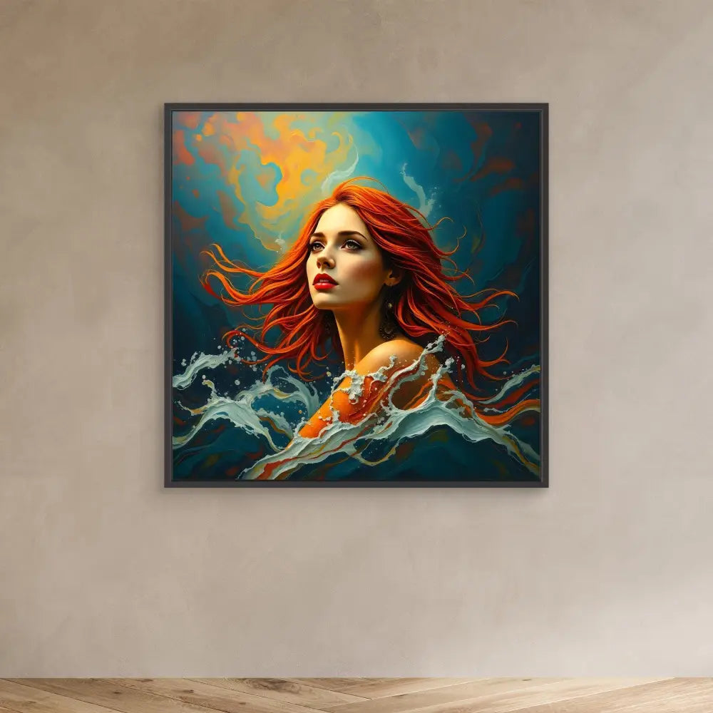 Artistic portrait featuring flowing red hair against swirling turquoise and orange elements.