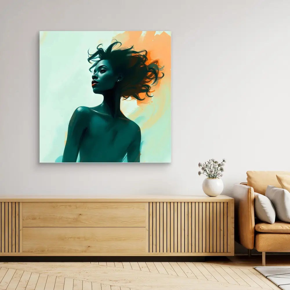 Artistic portrait silhouette with flowing hair against turquoise and orange tones.