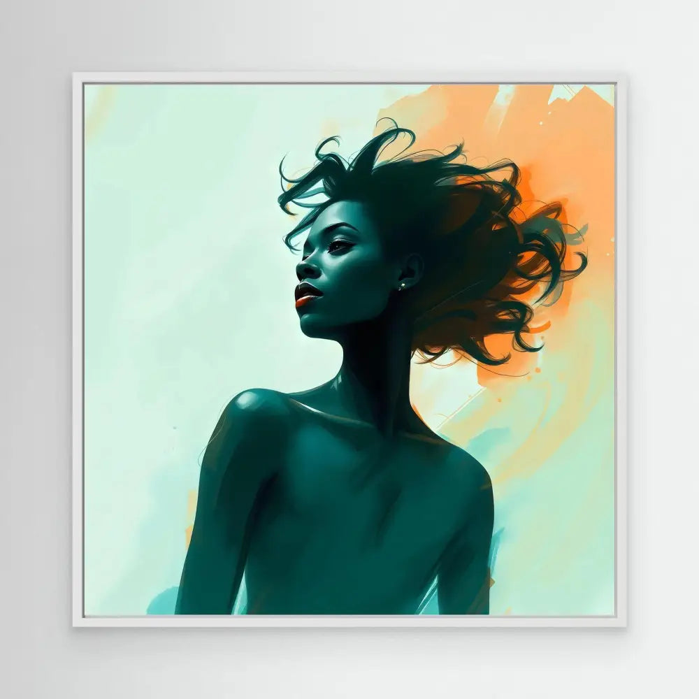 Artistic portrait showing a silhouetted figure with flowing hair against turquoise and orange tones.