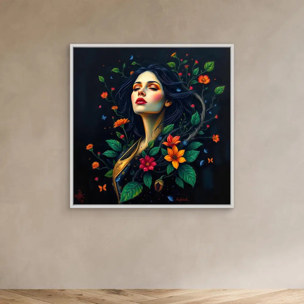 Artistic portrait surrounded by vibrant flowers, leaves, and butterflies against a dark background.