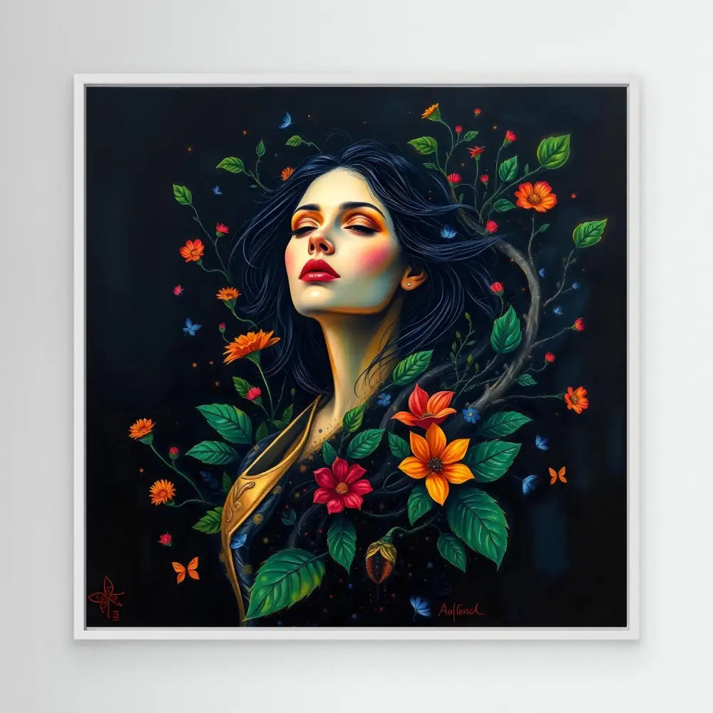 Artistic portrait surrounded by vibrant flowers, leaves and butterflies against a dark backdrop.