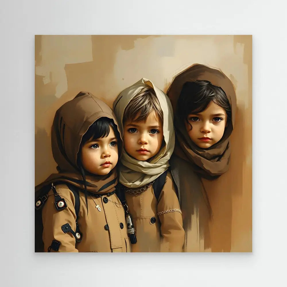 Artistic portrait of three young children wearing hooded winter coats and scarves in warm brown tones.