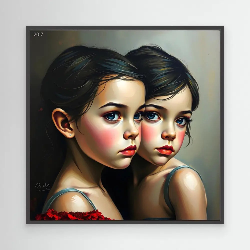 Artistic portrait of twin figures with rosy cheeks and striking blue eyes.