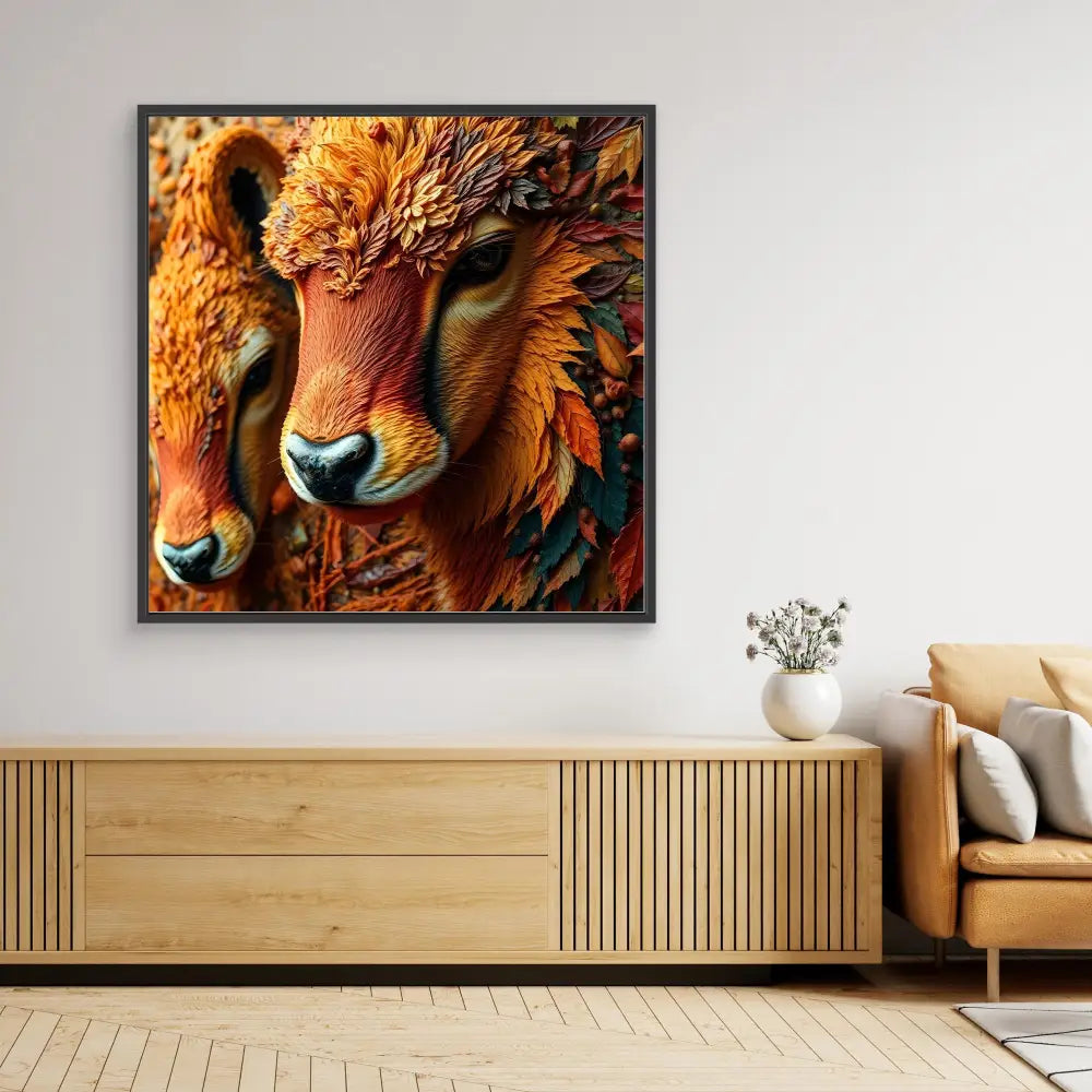 Artistic portrait of two buffalo heads with vibrant orange-red fur and textured details.