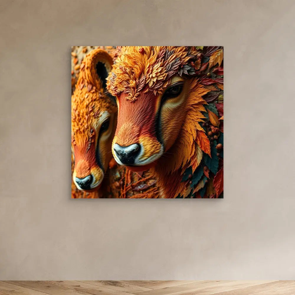 Artistic portrait of two cheetah faces with vibrant orange and teal feathered textures.