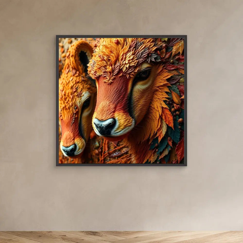 Artistic portrait of two cheetahs with vibrant orange and gold tones.