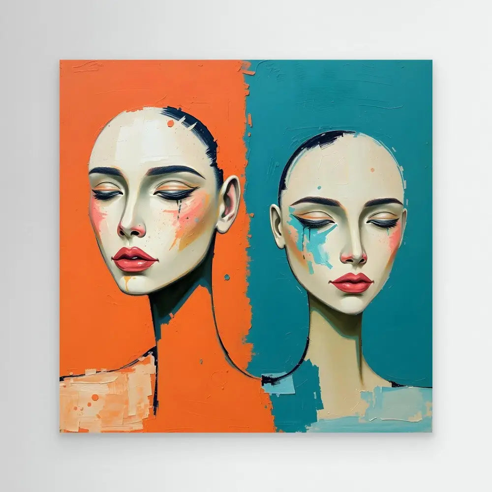 Artistic portrait of two faces with vibrant makeup against contrasting orange and teal backgrounds.