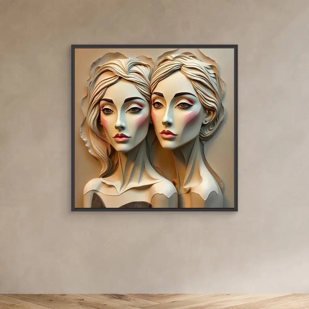 Artistic portrait of two identical figures with pale skin and dramatic makeup in a sculptural, relief-like style.