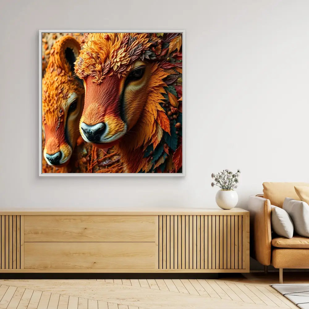 Artistic portrait of two lions with vibrant orange-gold manes in close-up view.