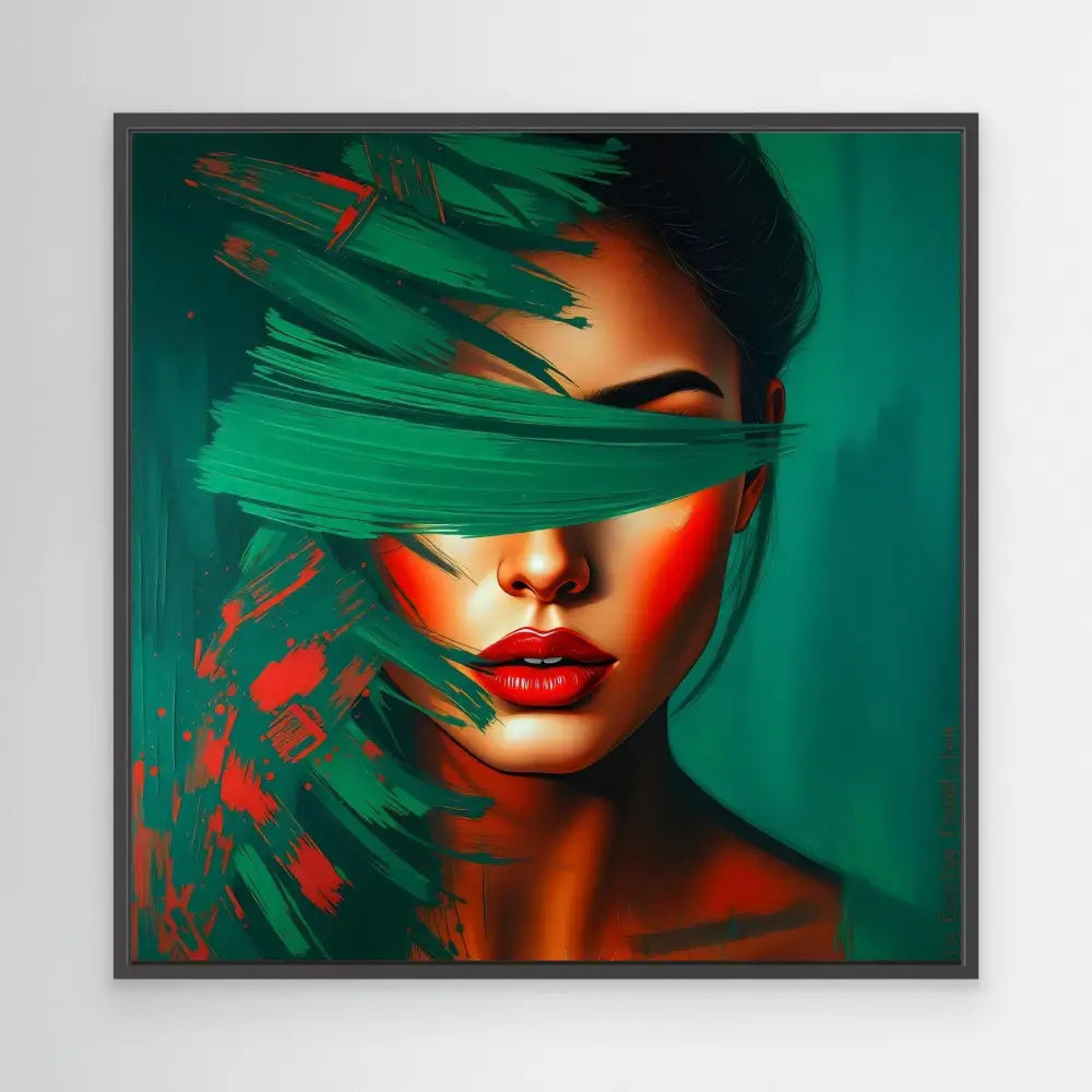 Artistic portrait with vibrant green brushstrokes obscuring the eyes while red lips stand out against dramatic lighting.