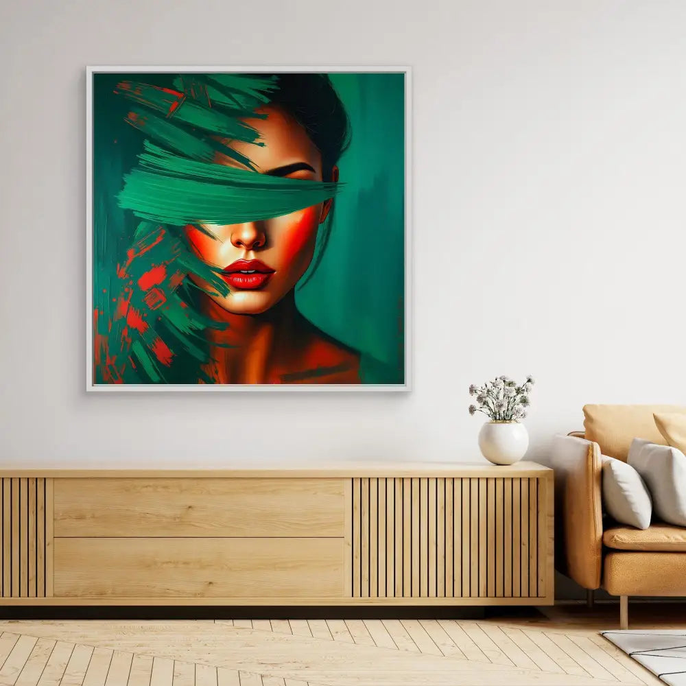 Striking artistic portrait with vibrant green palm leaves and red lighting effects against a teal backdrop.