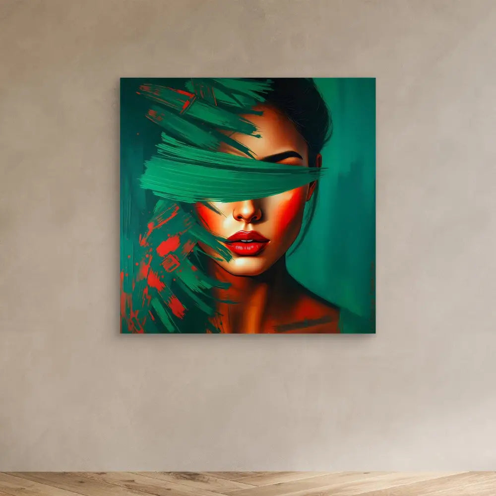 Artistic portrait with vibrant turquoise palm fronds partially obscuring bright red lips against a teal backdrop.