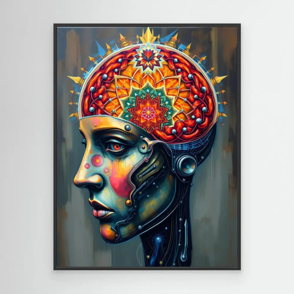 Artistic profile portrait combining a human head with mechanical elements and a vibrant mandala-style brain design.