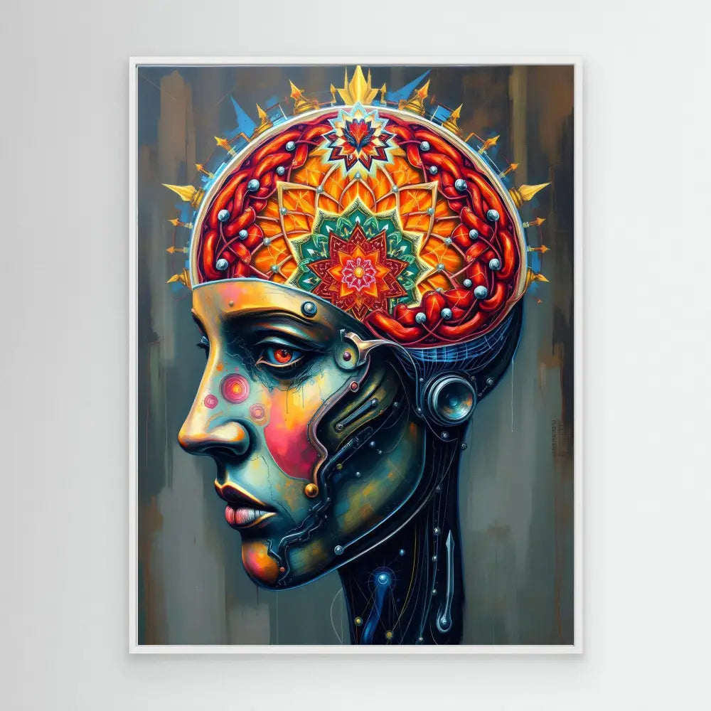 Artistic profile portrait combining a human head with mechanical elements and a vibrant mandala-like pattern emerging from the brain area.