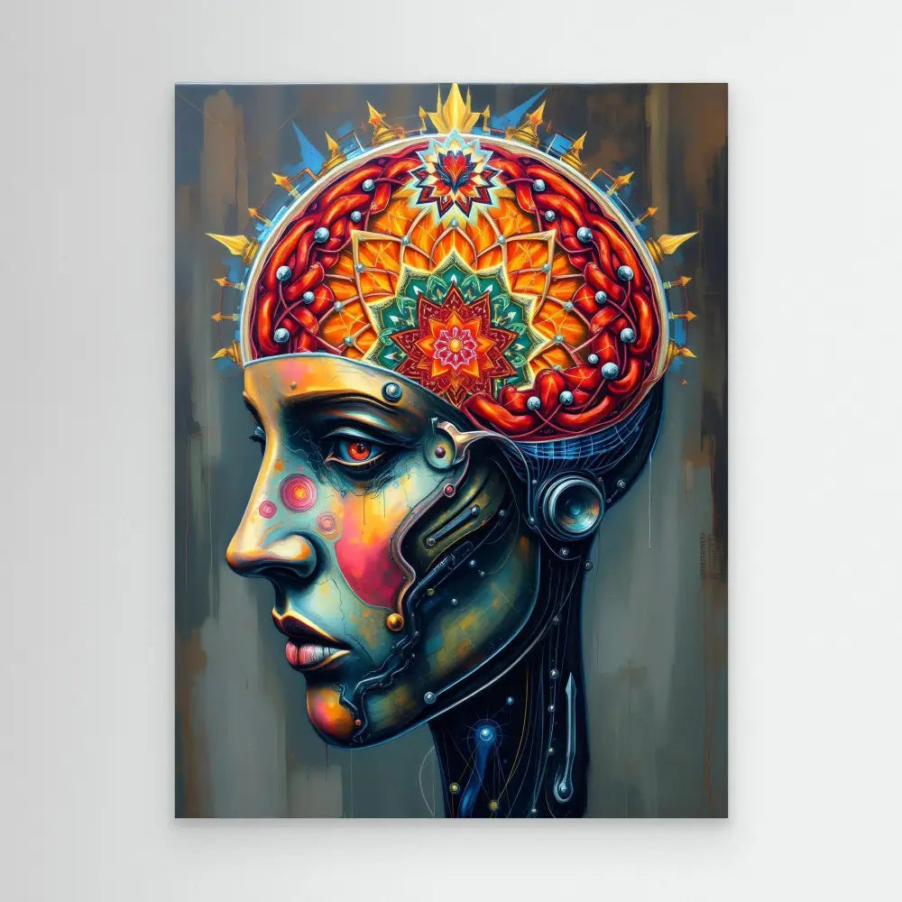 Artistic profile portrait combining a human-like face with mechanical elements and a vibrant mandala pattern emerging from the head.