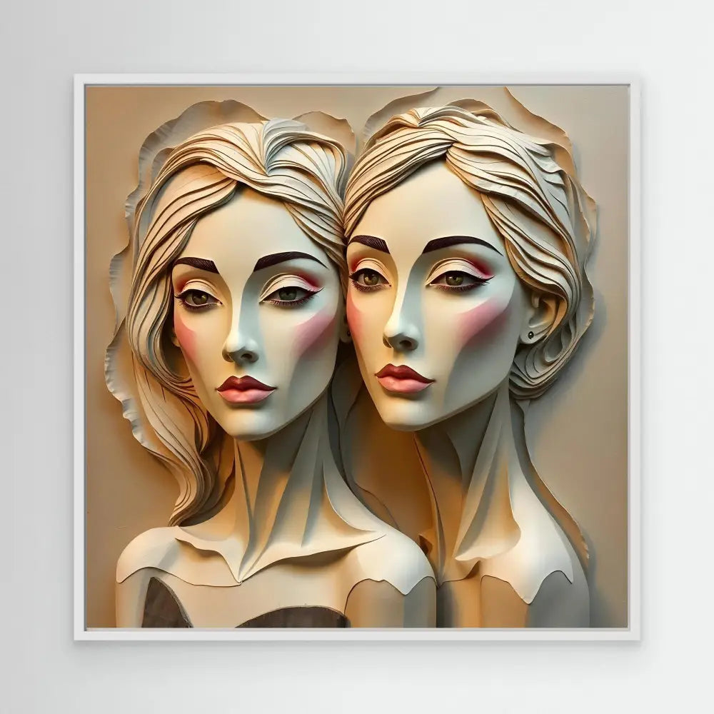 Artistic relief sculpture depicting two classical-style feminine figures with flowing hair and defined facial features.