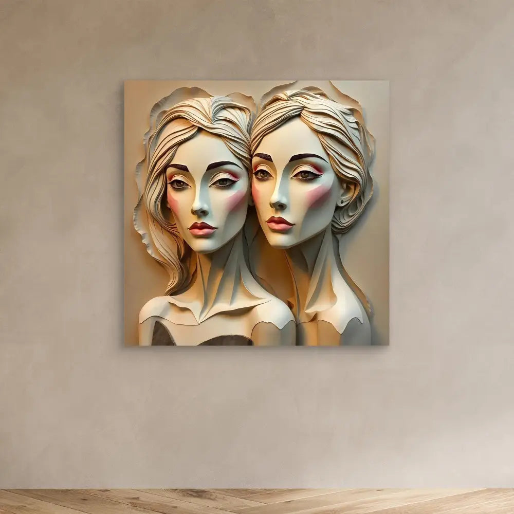 Artistic sculpture-like portrait of two identical figures with flowing hair and dramatic features.