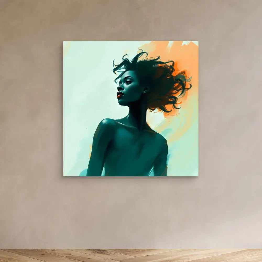 Artistic silhouette portrait with flowing hair against a gradient mint and peach backdrop.