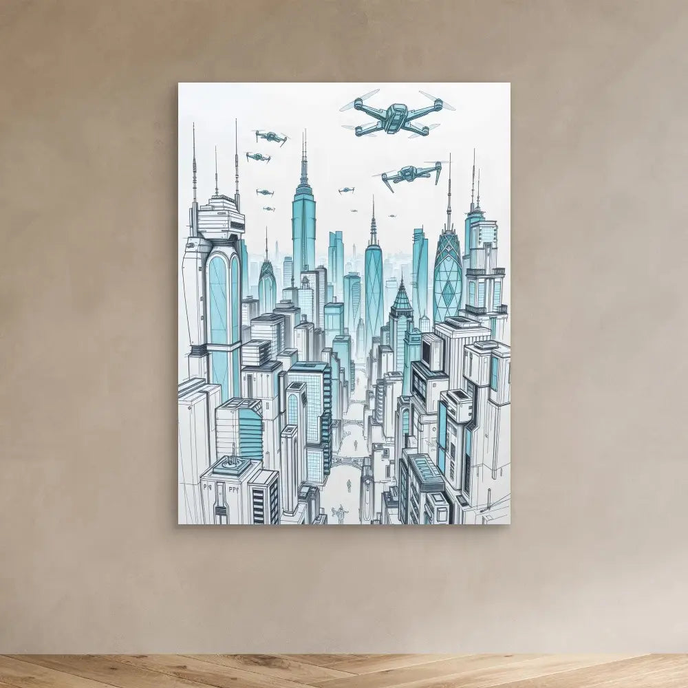 Artistic sketch of a city skyline with flying drones in blue tones.