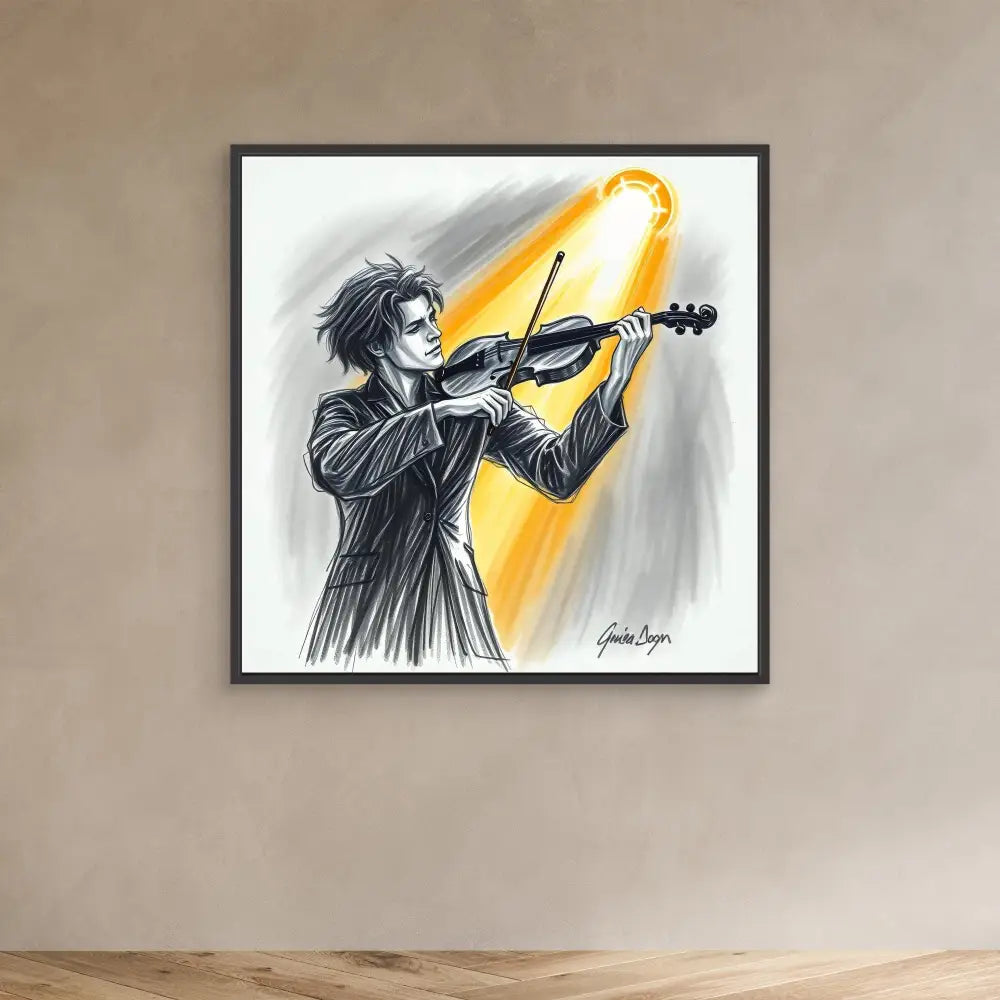 Artistic sketch of a violinist performing in dramatic lighting with a glowing orange spotlight.