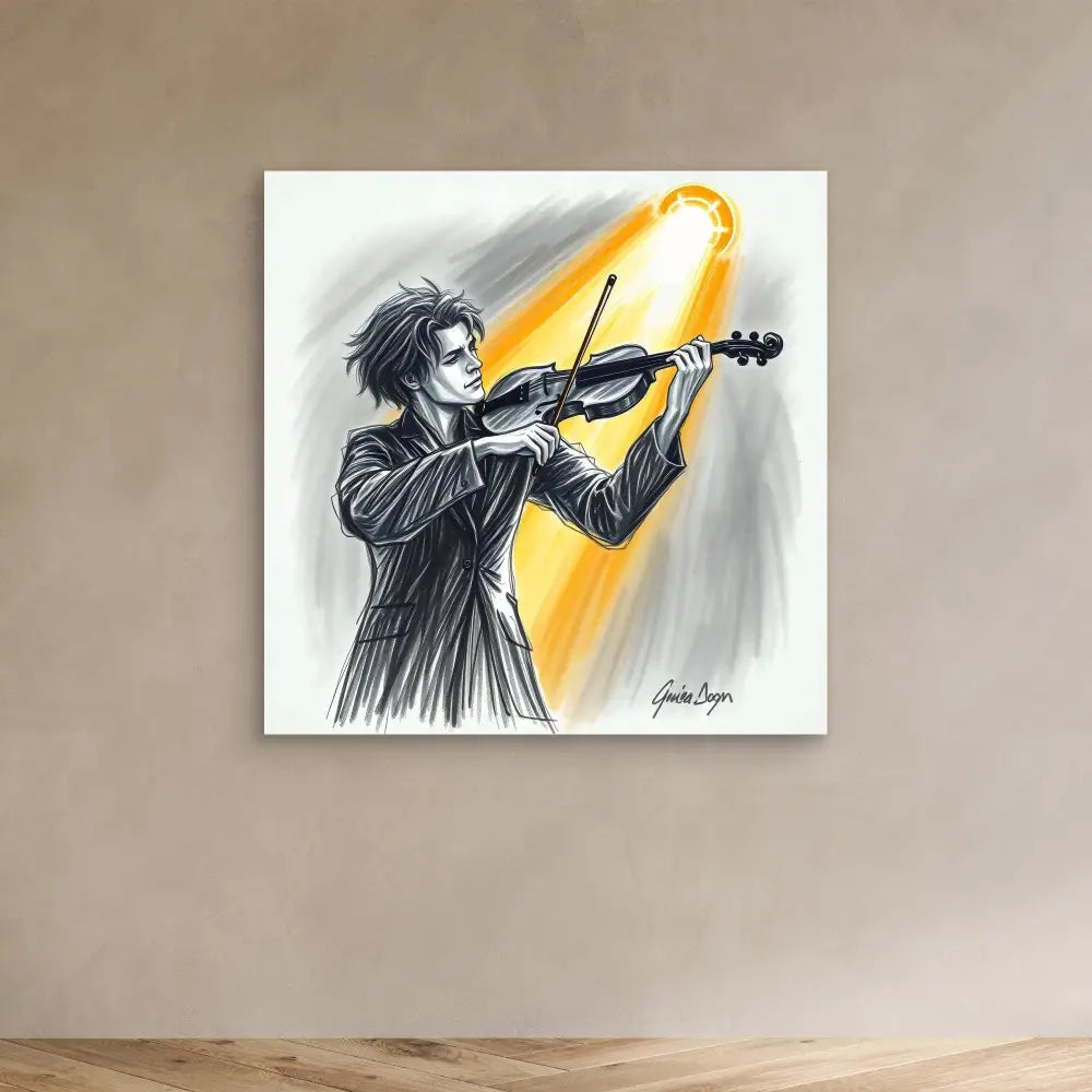 Artistic sketch of a violinist playing passionately with a glowing orange light effect.