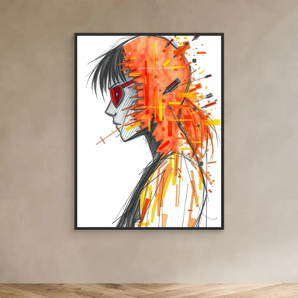 Artistic watercolor profile portrait featuring vibrant orange and yellow abstract splashes flowing from the figure’s head and neck.