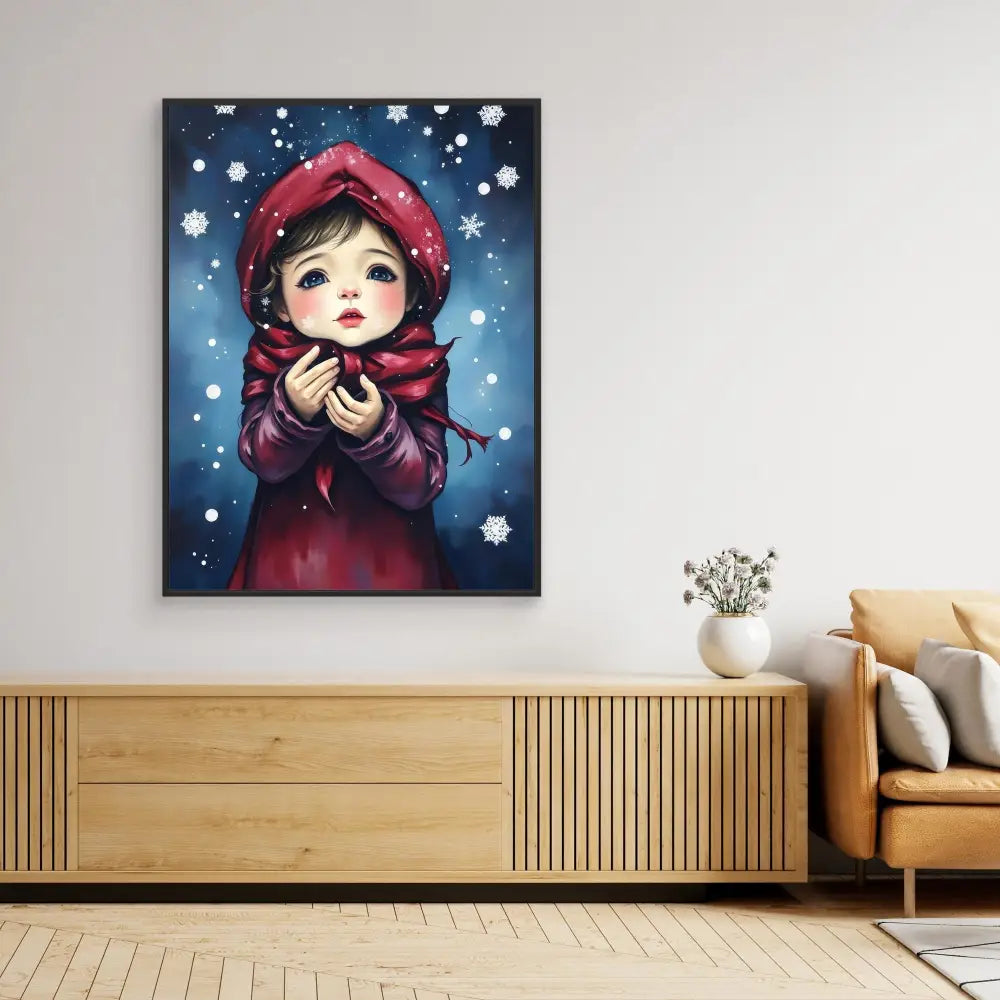 Artwork depicting a child in a red winter coat and hood against a snowy night sky.