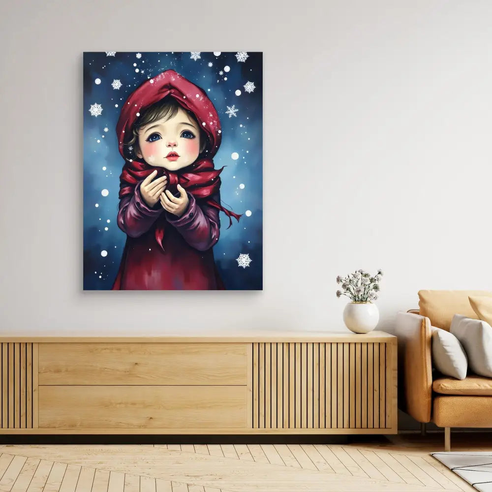 Artwork depicting a child in a red winter hood and coat against falling snow.