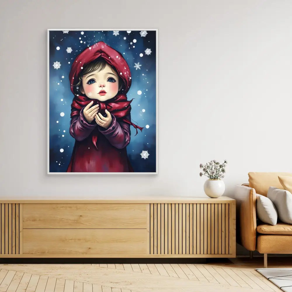 Artwork depicting a child in a red winter hood and coat against falling snow.